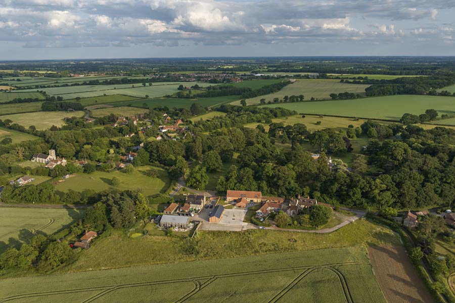 Bird’s eye view of Home Farm, Briningham with Harold and Myrtle central in the picture.